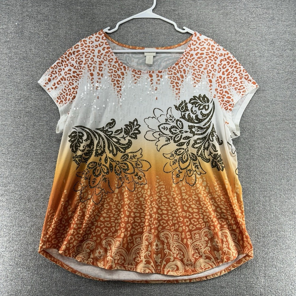 Chicos Top Women Size 3 Embellished‎ Floral Casual Orange